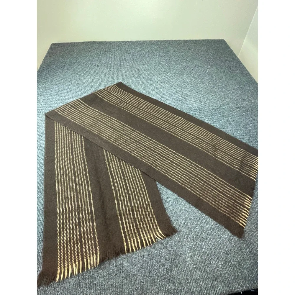 Brown Tan Striped Fringed Rectangle Knit Scarf Classic Winter Accessory